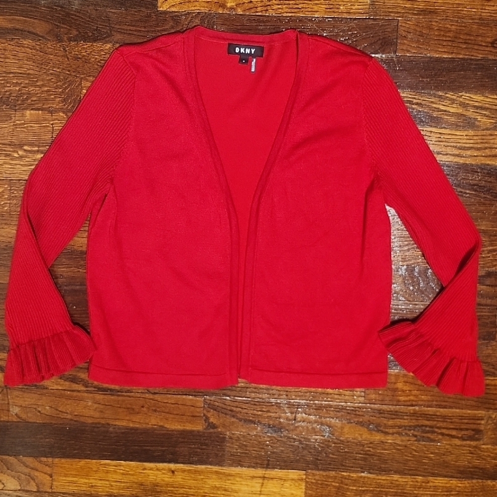 DKNY Vibrant Red Cropped Ruffled Sleeve Perfect Little Cardigan